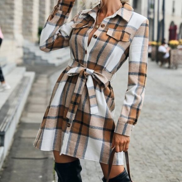 Modern casual Plaid Single Breasted Belted Shirt D - Picture 3 of 6